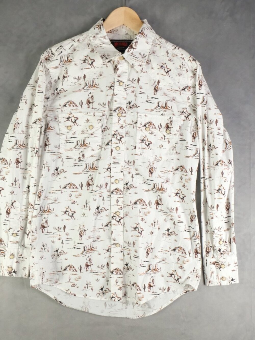 Rock And Roll Denim Shirt Mens Small White Pearl Snap Cowboy Graphic Sawtooth